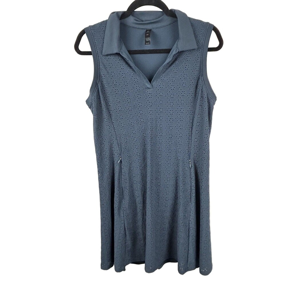 Kyodan Women's L Slate Blue Sleeveless V-Neck Midi Sundress Eyelet Pockets